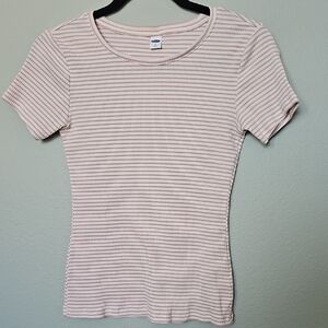 Old Navy Women's Ribbed Short Sleeve Fitted Tee Top Pink White Y2K Stripe Small